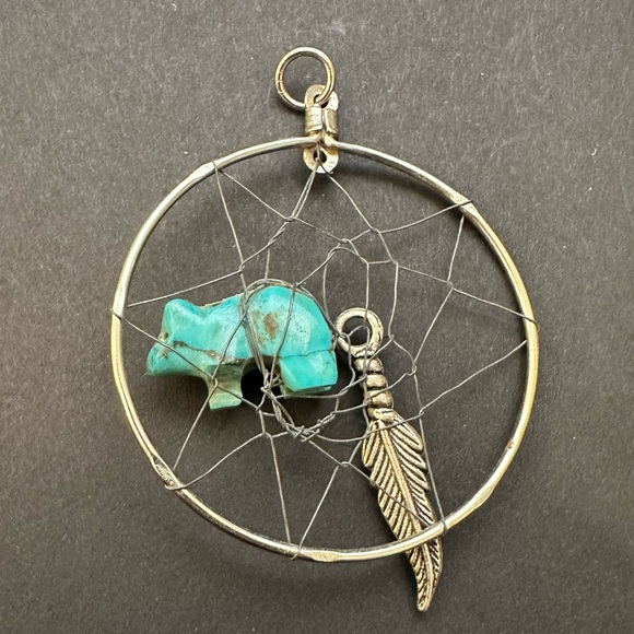 Silver Dream Catcher Pendant Turquoise Bear & Feather Charm Native American - Picture 2 of 4